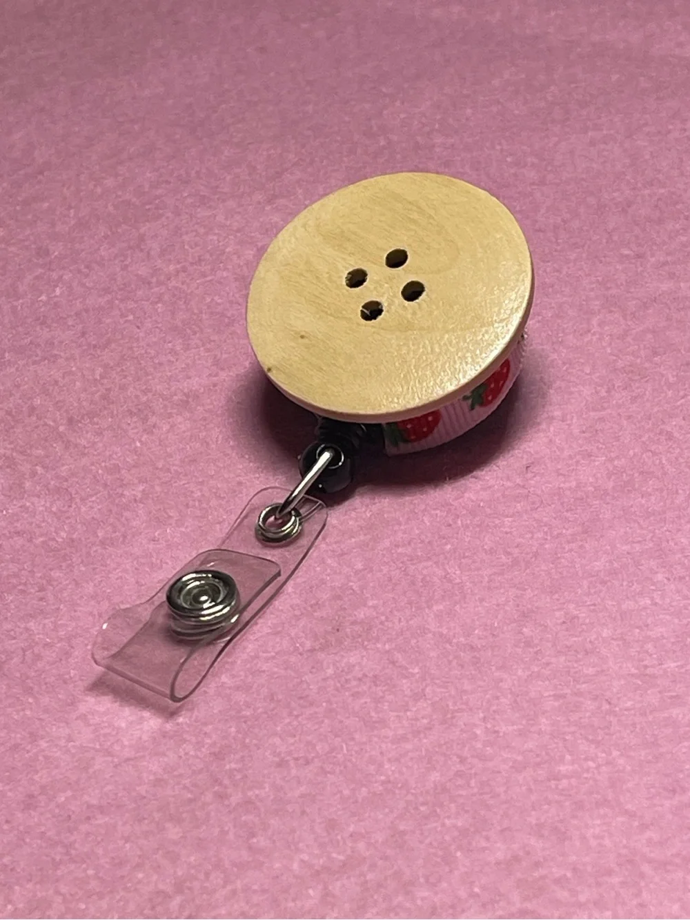 Handmade Wood Button Badge Reel with Strawberry design